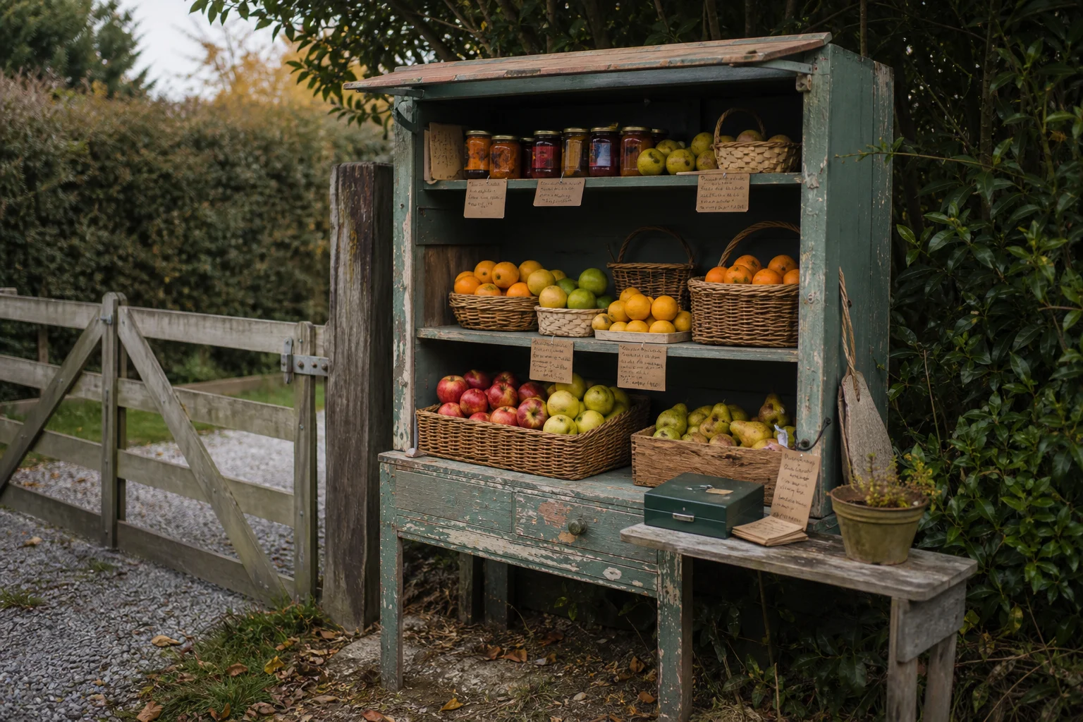 A small green roadside cabinet stocked with fruit and preserves beside a farm gate.