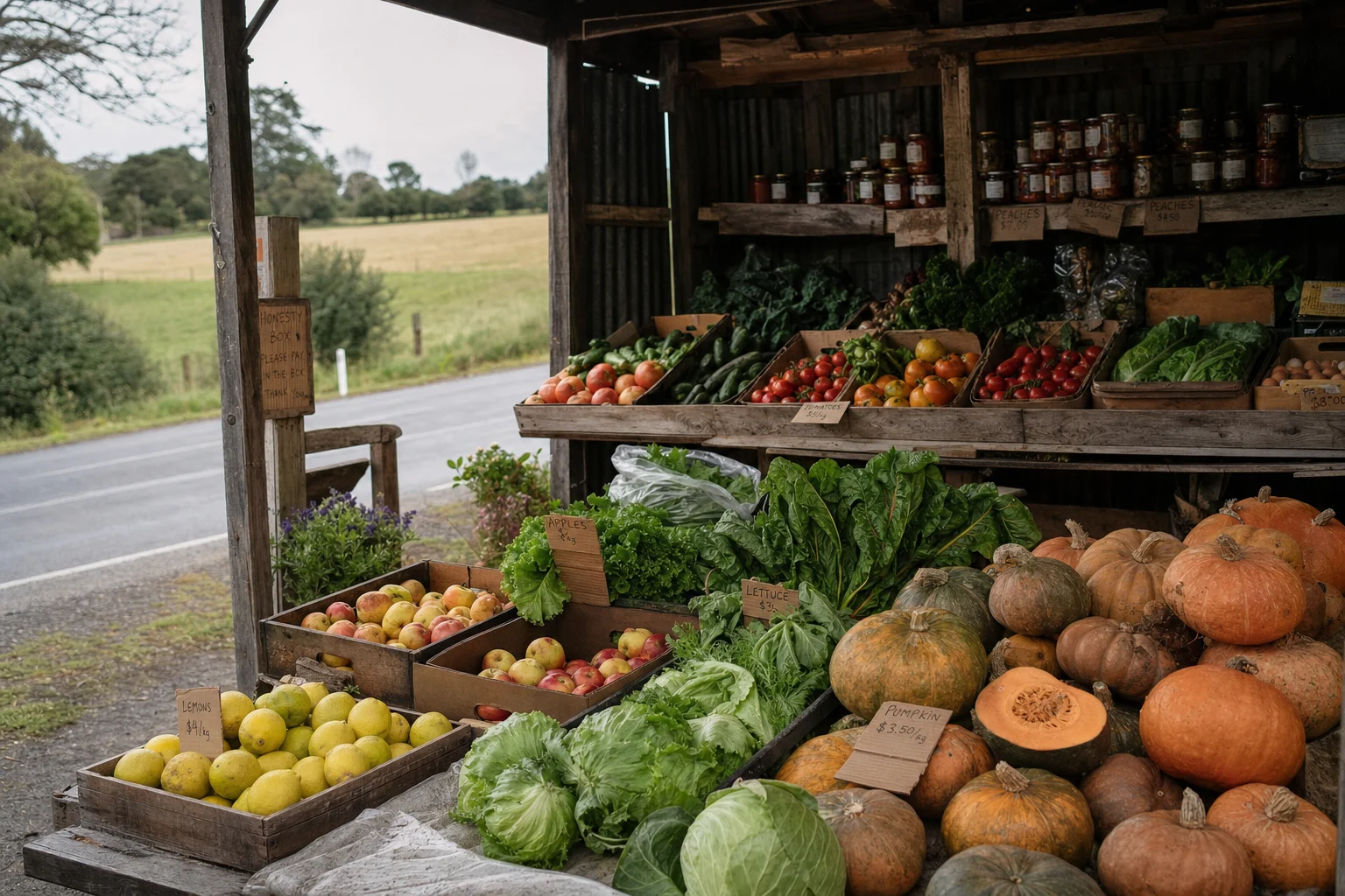 A weathered roadside stall filled with lemons, pumpkins, apples, leafy greens and jars of preserves.